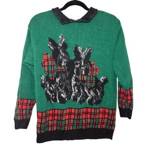 Vtg Talbots Green Scottie Dog Women's Christmas Sweater Size Small Plaid Knit